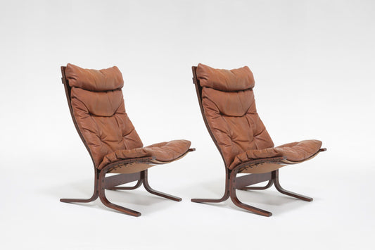 High-Back Siesta Lounge Chairs in Cognac Leather & Plywood by Ingmar Relling for Westnofa, 1960s, Set of 2
