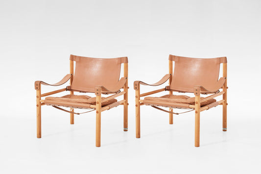 Scirocco Safari Lounge Chairs in Tan Leather & Ash by Arne Norell for Arne Norell AB, 1960s, Set of 2