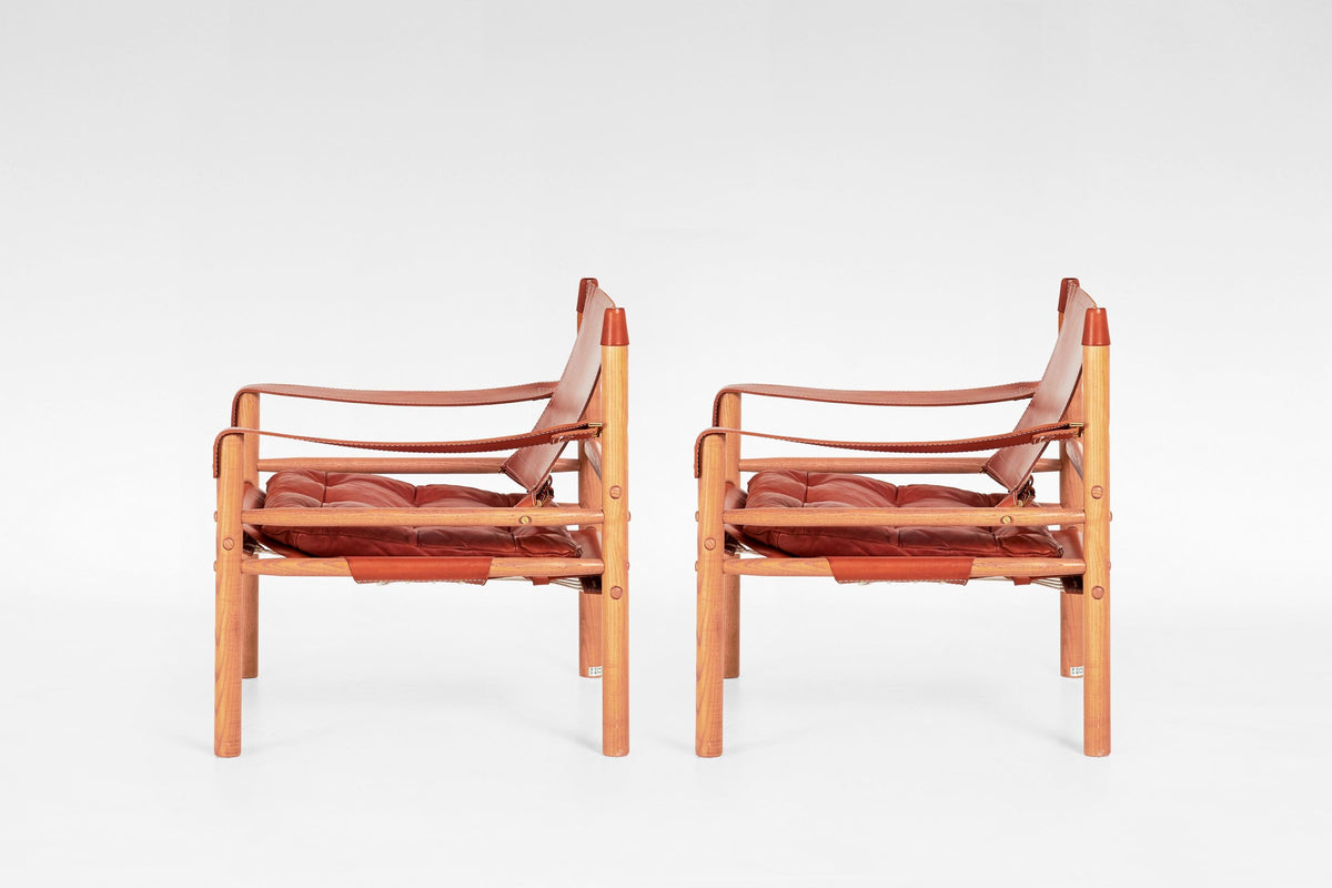 Scirocco Safari Lounge Chairs in Red Leather & Ash by Arne Norell for Arne Norell AB, 1960s, Set of 2