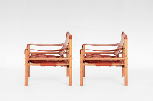 Scirocco Safari Lounge Chairs in Red Leather & Ash by Arne Norell for Arne Norell AB, 1960s, Set of 2