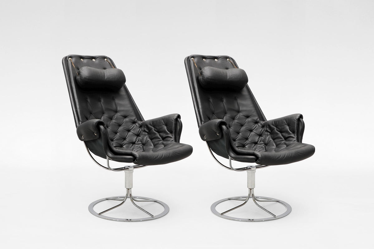 Jetson Lounge Chairs in Black Leather & Chrome by Bruno Mathsson for DUX, 1969, Set of 2