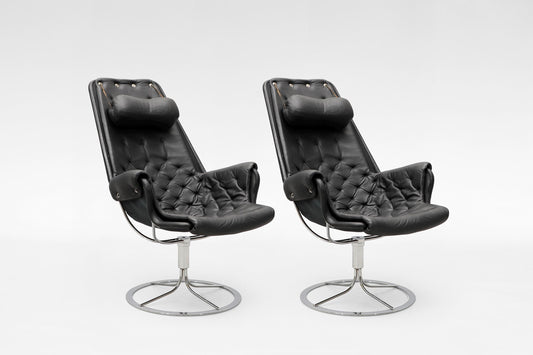 Jetson Lounge Chairs in Black Leather & Chrome by Bruno Mathsson for DUX, 1969, Set of 2