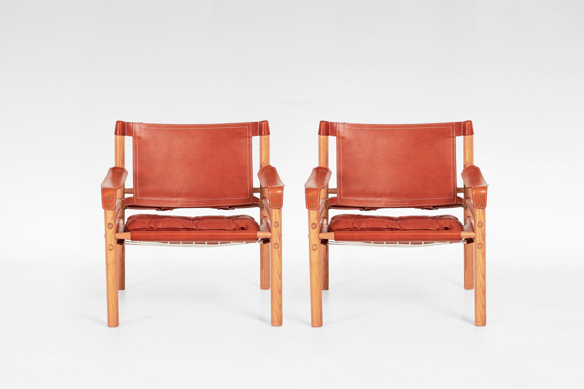 Scirocco Safari Lounge Chairs in Red Leather & Ash by Arne Norell for Arne Norell AB, 1960s, Set of 2