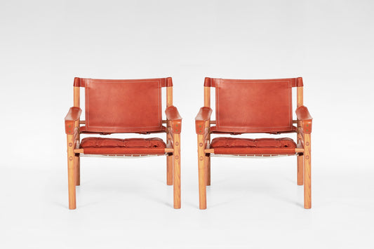 Scirocco Safari Lounge Chairs in Red Leather & Ash by Arne Norell for Arne Norell AB, 1960s, Set of 2
