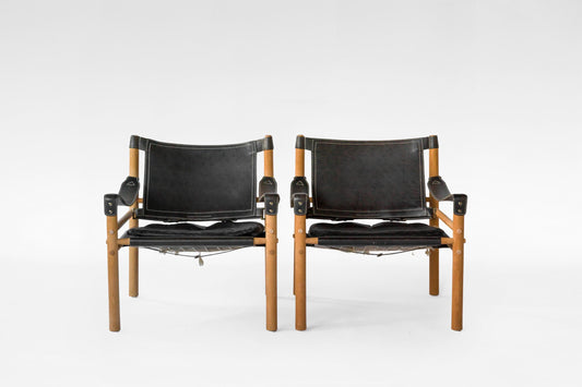 Scirocco Safari Lounge Chairs in Black Leather & Ash by Arne Norell for Arne Norell AB, 1960s, Set of 2